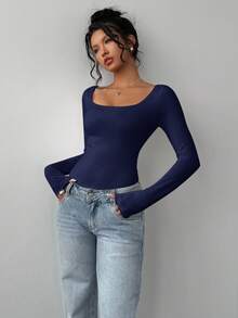 SHEIN BASICS Women's Casual Solid Color Knitted Fitted Long Sleeve Crew Neck Regular T-Shirt Playera Manga Larga Damawhite Top Long Sleevebasic Long Sleeve Tops - Navy Blue - View 8