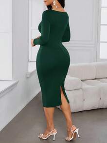 SHEIN Lady 2025 New Women's Elegant Commuter Dark Green Solid Color Asymmetric Collar Fitted Mid-Length Dress
