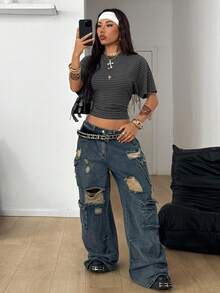 Coolane 女式夏季简约 Y2K 基本款日常休闲返校街头风弹力白色宽松褶饰短款 T 恤 - 灰色 - 查看 2