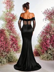 Glamrae 优雅奢华露肩亮片和珍珠装饰弹力针织美人鱼裙，适合婚礼、派对、度假、庆典、正式活动（重型） - 黑色 - 查看 2