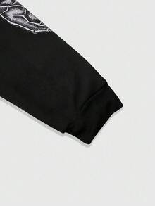 ROMWE MEN Goth 男士拉链连帽衫休闲宽松创意图案百搭时尚卫衣，秋冬款 - 黑色 - 查看 4