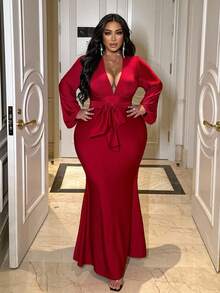 NU&NOW Plus Size New Year Women's Red Ruffled Waist Tie-Waist Lantern Sleeve Long Sleeve Slim Fit Dress, Suitable For Dates, Parties, And Autumn/Winter Wear. - Red - View 6