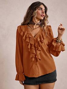 Freevana Blusa elegante y casual de cuello de jabot con volantes en las mangas para mujer de talla grande, para primavera/otoño