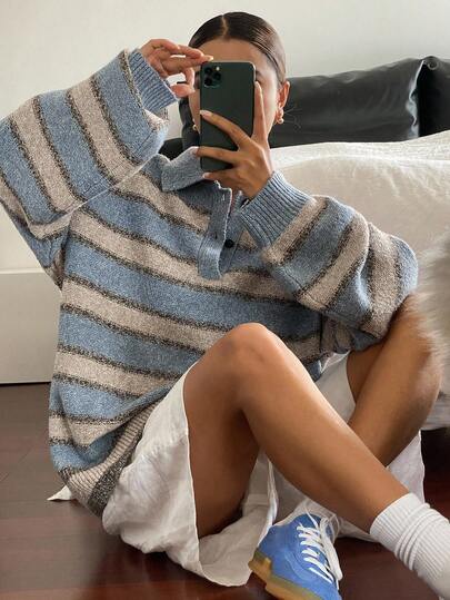 Livesso 女式休闲条纹纽扣长袖毛衣