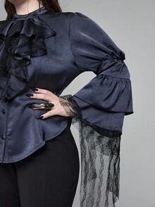 ROMWE EDITION 加大码中世纪复古深色哥特式蕾丝拼布长袖衬衫 - 灰色 - 查看 11