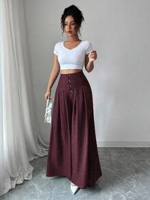 Elenzga Quần ống rộng xếp ly đơn giản màu trơn cao cấp thời trang nữ - Màu Đỏ Sâu - Xem 5