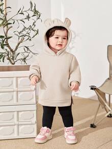 SHEIN Babygirl Cute Versatile 3D Ear Hooded Fleece Sweatshirt, Autumn/Winter Fall - Khaki - View 6