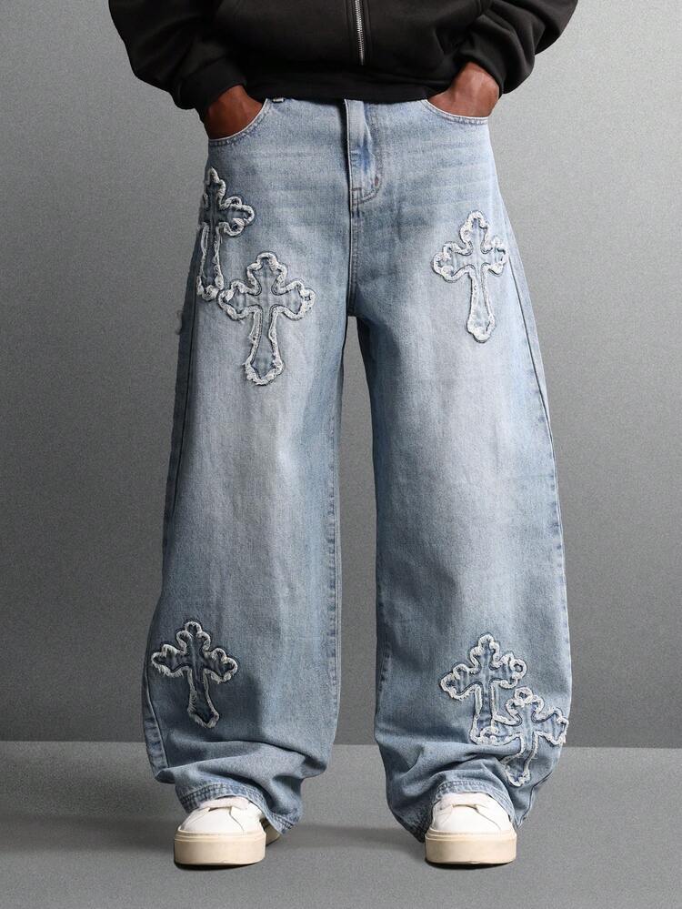 Wide Leg Denim Jeans With Cross Applique Design