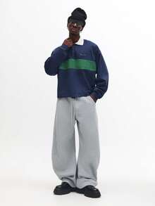 SUMWON Regular Classic Long Sleeve Premium Suede Polo Shirt With Cross Back Design Autumn Winter Essential Casual Ribbed Collar Placket Rugby Style