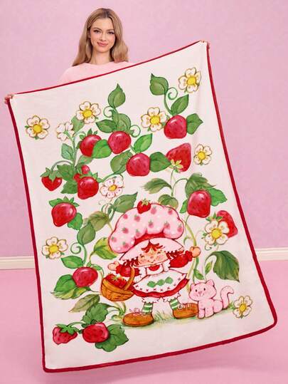 Strawberry Shortcake X SHEIN 1 Pc Cute Cartoon Figure Graphic Red Flannel Blanket, Soft & Warm, Non-Shedding, Available In Various Sizes, Suitable For Sofa, Bed, Nap,Gift Ideas