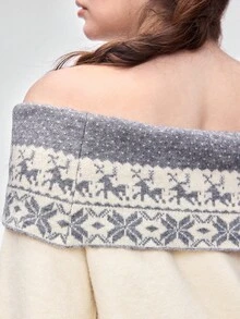 ROMWE Kawaii Sweater Natal Ukuran Besar dengan Motif Fair Isle Model Bahu Terbuka - Krem - View 4