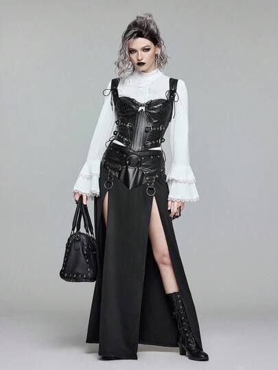 EDITION Crop top nero stile punk con fibbia metallica e occhielli, adatto per feste di strada