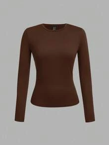 SHEIN EZwear 3 件套大码女式圆领休闲修身长袖 T 恤套装，纯色，适合秋冬季分层休闲穿着 - 彩色 - 查看 6
