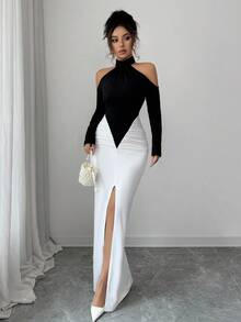 Gloray 秋冬新款黑白拼色拼接设计，性感高开叉露肩长袖褶饰紧身长裙，优雅适合派对、庆典、婚礼、万圣节、圣诞节 - 黑與白 - 查看 7