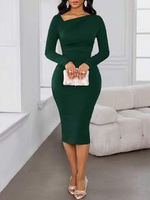 SHEIN Lady 2025 New Women's Elegant Commuter Dark Green Solid Color Asymmetric Collar Fitted Mid-Length Dress