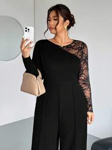 Firerie Plus Size Elegant Casual Commuter Professional Office Work Daily Vacation Sexy Party Business Lace Patchwork Long Sleeve Slim Straight Stretch Jumpsuit For Women Clothes For Women Spring - Black - View 8