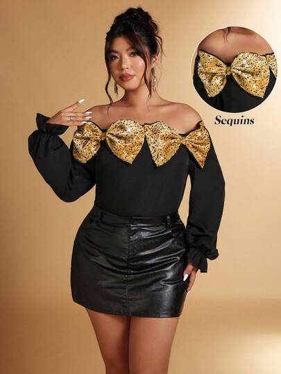 Cravure Christmas Plus Size Women's Cold-Shoulder Sequin Bow Blouse, Party/Event Wear