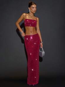 SHEIN BAE Burgunderroter Strass-Kristall glänzender eng anliegender Rock für Frauen, geeignet für Party, Nachtclub, Cocktailparty, Bankett, Nachtausflug, Tanz, Date, Herbst/Winter Layering, Weihnachten Damen, Party, Pailletten Rock, roter Rock