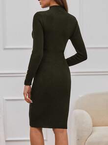 EURMUSE Mock Neck Button Front Sweater Dress Without Belt - Army Green - View 2