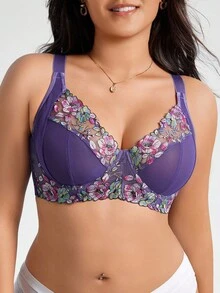 DesireSculpt Plus Size Elegant Floral Embroidery Underwire Bra - Purple - View 7