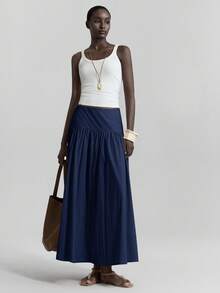 Ontre 2025秋冬新款女士高腰百褶裙，优雅浪漫休闲通勤办公皆宜，也适合婚礼宾客、海滩度假、音乐节、派对等场合。2026春夏款，情人节、圣诞节、感恩节等节日皆可穿着，百搭女士半身裙。 - 藏蓝色 - 查看 6