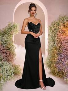 Glamrae Đầm dạ hội màu xanh lá cây sang trọng bằng satin, không dây vai, cổ khoét sâu, chất liệu lưới xuyên thấu, họa tiết xương cá, hoa 3D, kiểu đuôi cá, xẻ cao bên hông, xếp ly, dây buộc điều chỉnh được, thích hợp cho các buổi hẹn hò, kỳ nghỉ, sinh nhật, tiệc tùng, dạ hội, đám cưới, sự kiện trang trọng, Ngày Valentine. - màu đen - Xem 4