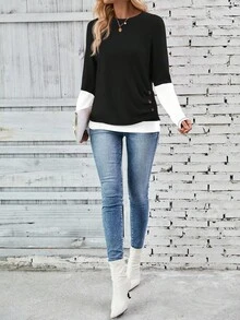 EMERY ROSE Camiseta casual de mujer con parches de color contrastante 2 en 1, camisetas gráficas de otoño para mujeres