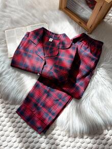 SHEIN Vintaside Kids 优雅简约勃艮第格子和海军蓝口袋设计开衫和裤子休闲家居服套装，适合少女 - 紅色 - 查看 5