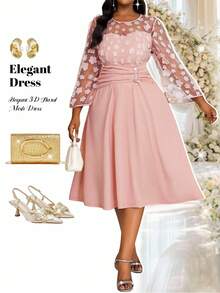 Fleurora 大码优雅 3D 花卉网格拼布礼服冬装女式新年女装舞会礼服优雅派对礼服曲线派对礼服长款派对礼服闪光礼服女士粉色礼服蕾丝长袖上衣婚礼礼服优雅女士礼服