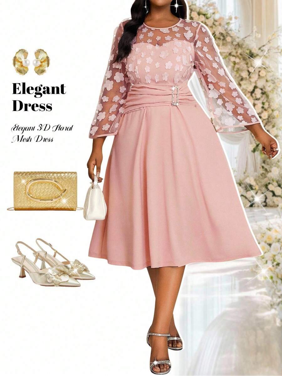 Fleurora 大码优雅 3D 花卉网格拼布礼服冬装女式新年女装舞会礼服优雅派对礼服曲线派对礼服长款派对礼服闪光礼服女士粉色礼服蕾丝长袖上衣婚礼礼服优雅女士礼服
