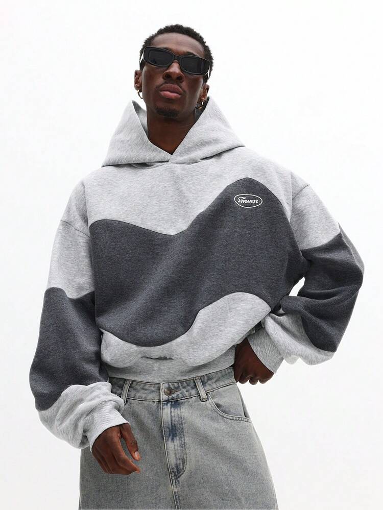 Color Block Hoodie With Curved Wave Design And Drawstring