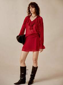 Uhlyne 女士荷叶边V领串珠衬衫和半裙两件套，秋季服装 - 酒紅色 - 查看 5