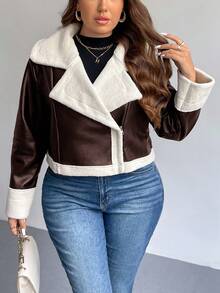 SHEIN Privé Plus Size Fashionable Windproof PU Leather Teddy Fleece Lining Contrast Color Short Loose Fit Women Black Jacket, Autumn/Winter