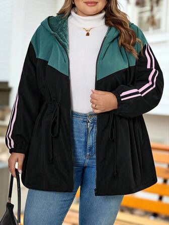 SHEIN CURVE+ Plus Size Huvad Termofodrad Färgblocksjacka För Höst/Vinter