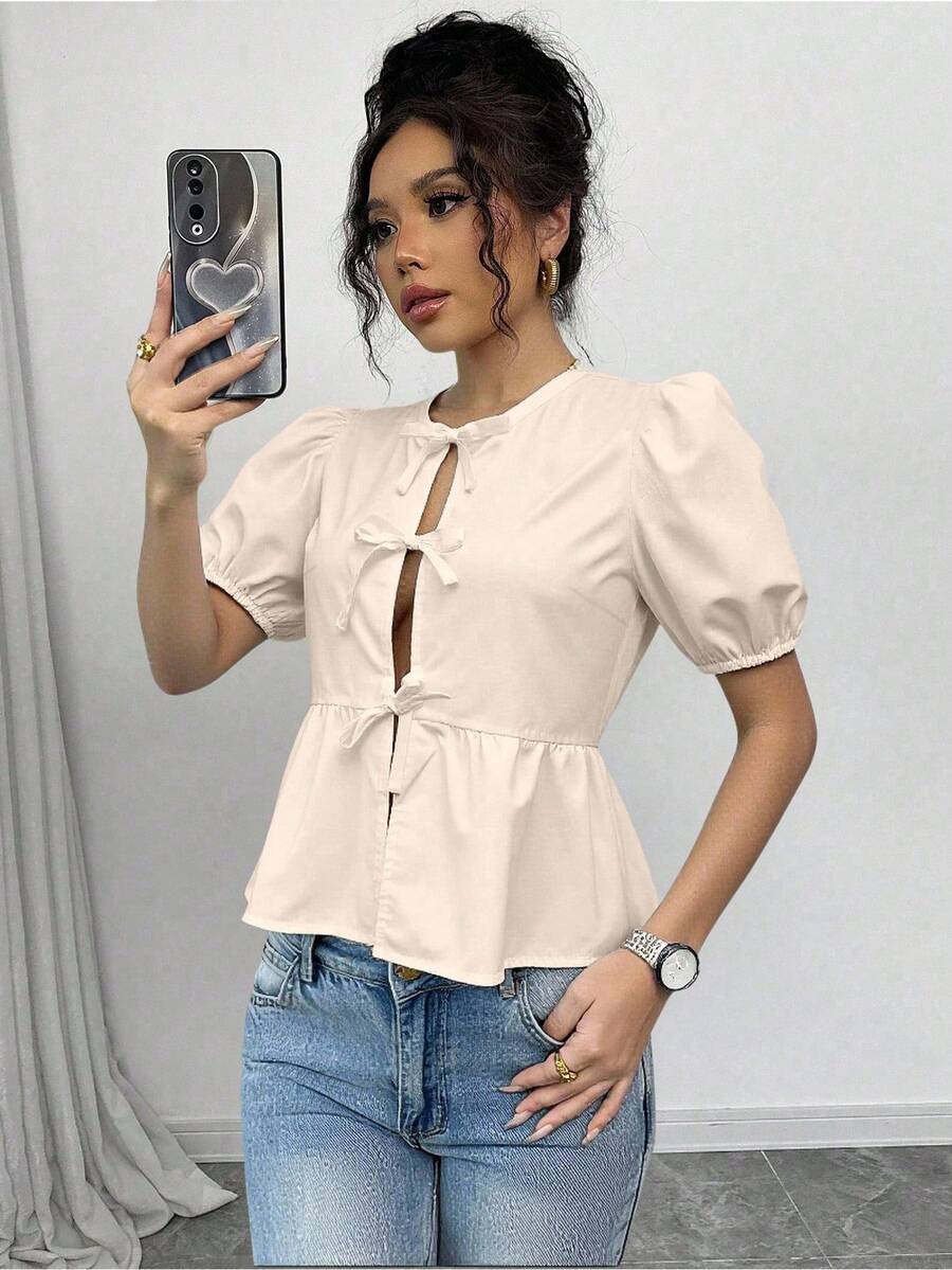 Rafferiza Women's, Puff Sleeve Blouse, Women's Shirt, Bowknot Strap - Apricot - View 1