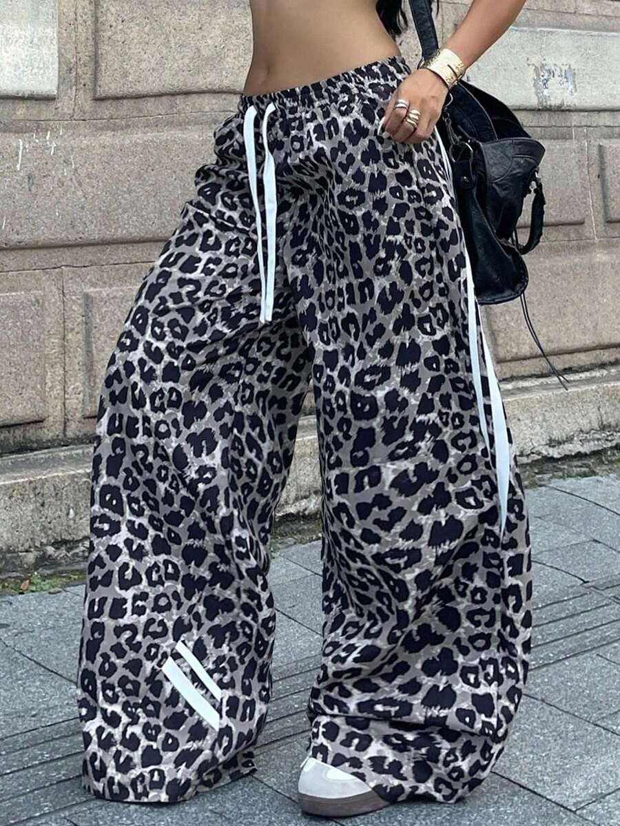 Coolane 女士夏季和秋季街头服饰外出工装街头服饰豹纹图案宽织带裤 - 彩色 - 查看 1