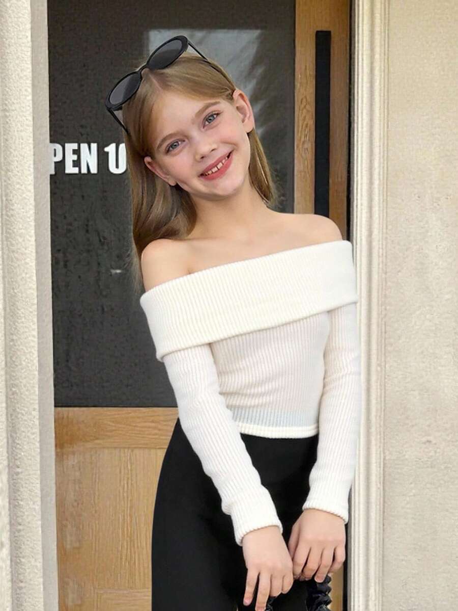 SHEIN 少女纯白色罗纹针织露肩长袖短款上衣T恤，休闲日常穿着，秋冬季，可与妈妈亲子装搭配，时尚秋季款 - 白色 - 查看 1