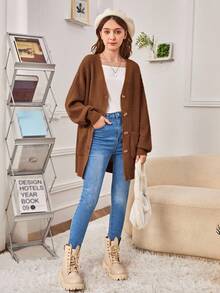 SHEIN Cardigan Sweater Lengan Panjang Leher V Warna Polos untuk Anak Perempuan Remaja, Serbaguna untuk Pakaian Kasual, Sekolah, Musim Gugur dan Musim Dingin - Coklat - View 3