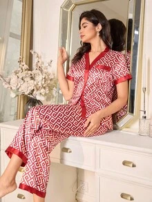 LuxeNights Faux Silk Red Geometric Print Women Pajama Set Red Pajamas For Women - Red - View 5