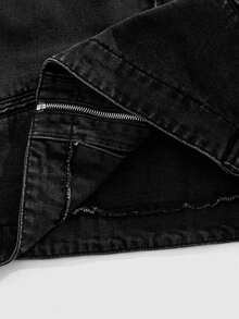 ROMWE MEN Men's Gothic Pattern Long Sleeve Zip-Up Casual Denim Jacket, Autumn - Black - View 11