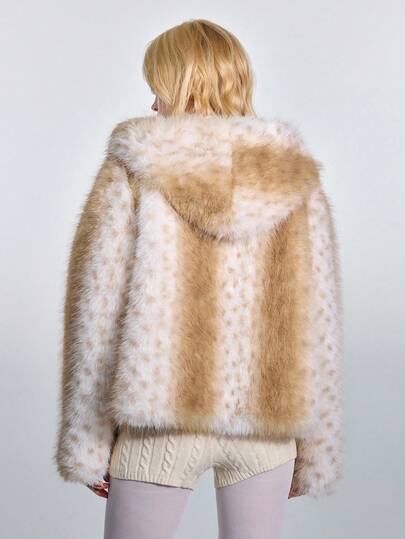 J-Fashion Autumn/Winter Faux Fur Jacket With Cute Animal Print, Khaki Color, Retro Millennium Style For Women