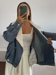 DAZY 女式休闲拼布牛仔夹克，秋季 - 藍色 - 查看 6