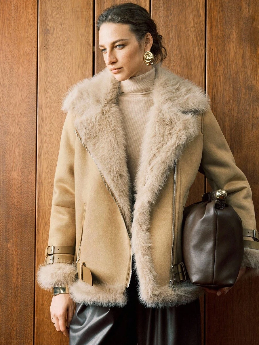 Arave 棕色超大领复古高端仿皮毛绒绒夹克