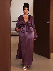 Maweii Plus Size Ladies Elegant Party Solid Color Elegant Delicate Long Sleeve Two-Piece Set - Purple - View 6