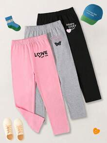 SHEIN 3 件套少女字母 & 心形印花紧身运动裤 - 彩色 - 查看 4