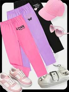 SHEIN 3 件装年轻女孩休闲可爱字母和心形印花紧身裤，秋季/春季 - 彩色 - 查看 1