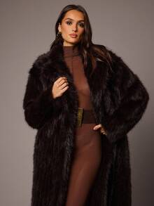 Silquee Women's Elegant Dark Brown Faux Fur Collar Long Fur Coat,Winter Luxury Solid Color Long Sleeve Fluffy Loose Fashion Design For Dinner Date Parties - Brown - View 7