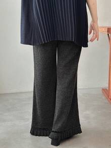 FRIFUL Women's Solid Dark Gray Ribbed Texture Flared Casual Pants, Versatile For Autumn - Dark Grey - View 3