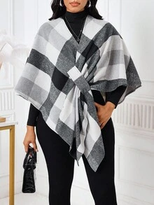 SHEIN Lady Women's Elegant Plaid Poncho Style Woolen Coat, Autumn - Multicolor - View 3