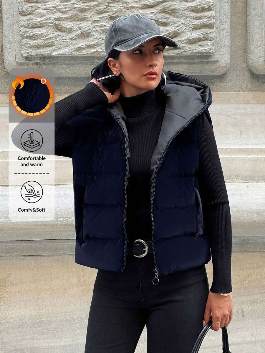 EURMUSE 女士纯色编织加厚保暖天鹅绒外观冬季无袖背心外套连帽衫领短款冬季背心 - 藏蓝色 - 查看 1